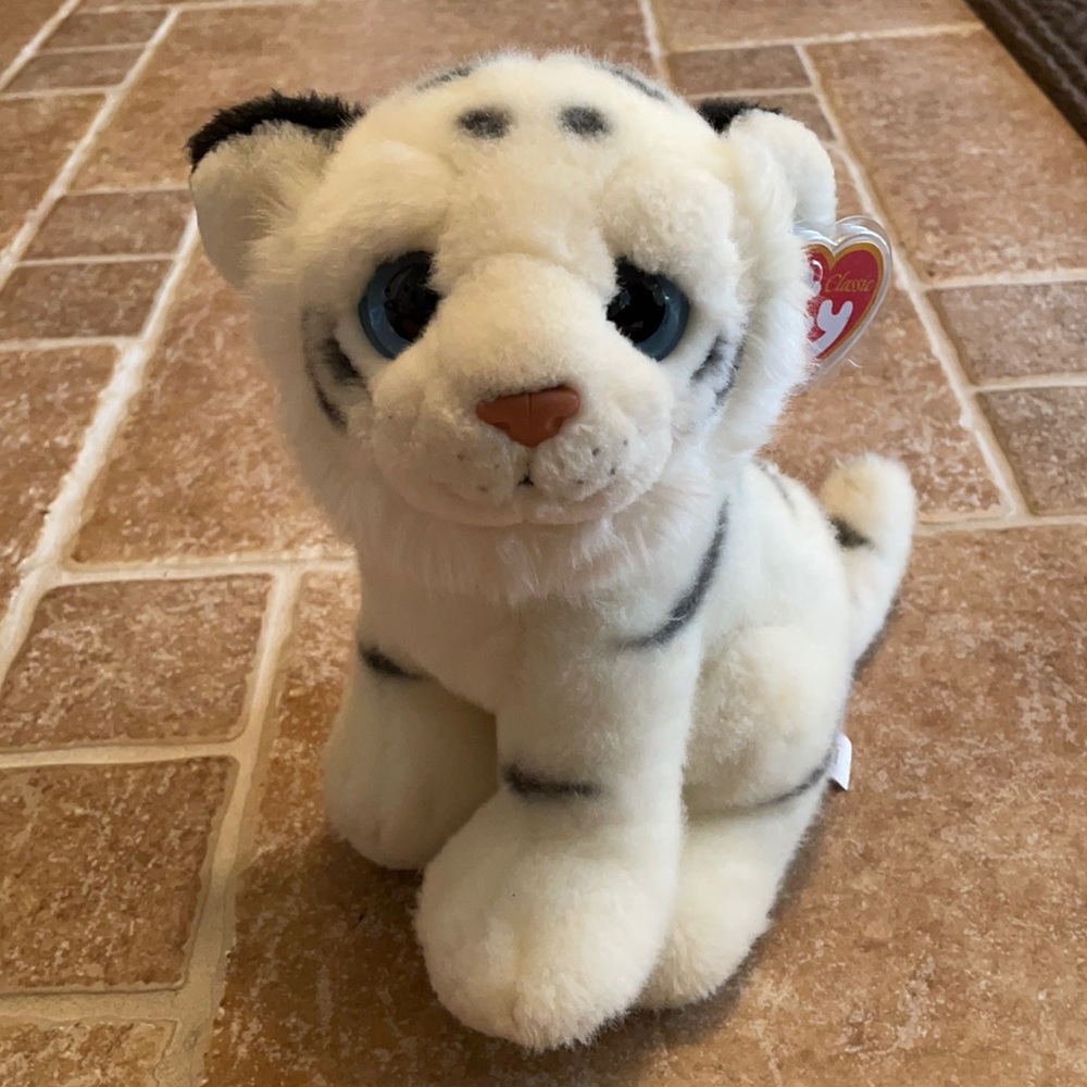 ty white tiger stuffed animal with tag and blue eyes